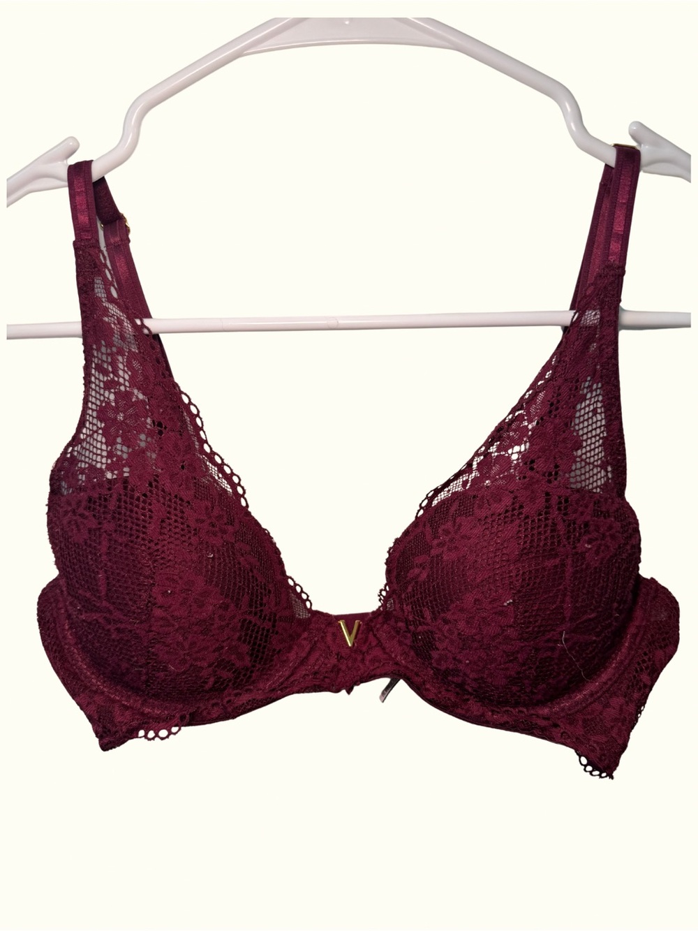 Victoria's Secret Burgundy Lace Push-Up Bra with Gold V Accent